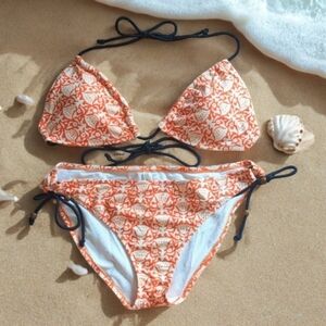 American Eagle Outfitters Orange & Cream String Bikini w Black Beaded Ties L/XL
